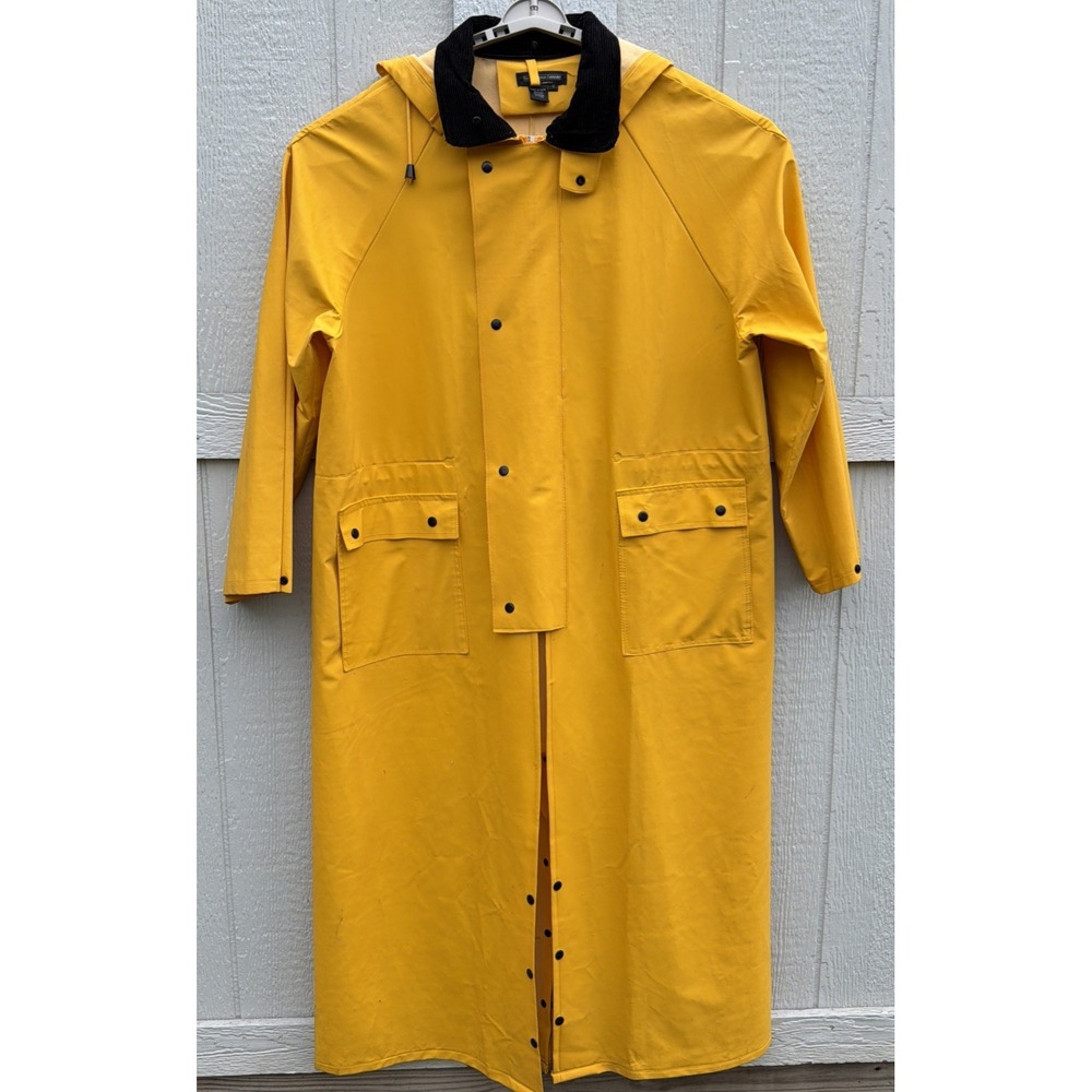 VTG The J Peterman Company Long Yellow Rain Coat Trench Slicker Hood Cord Collar